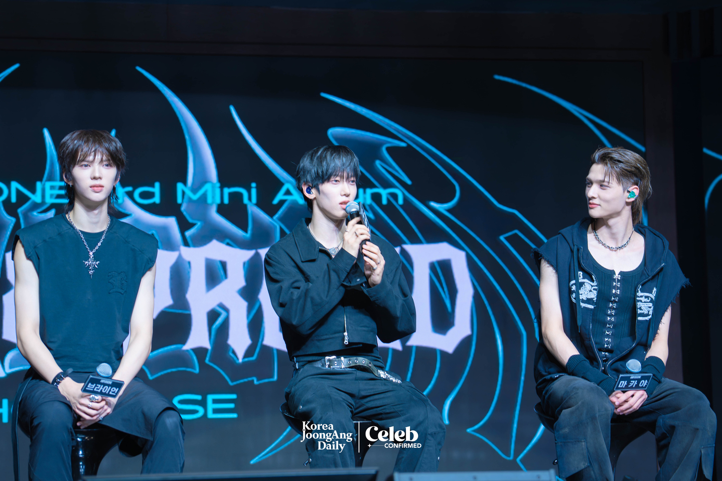 Boy band Ampers&One answers questions during a showcase for the release of its third EP, ″Loud & Proud,″ at the Sky Art Hall in western Seoul on Aug. 12. [DANIELA GONZALEZ PEREZ]