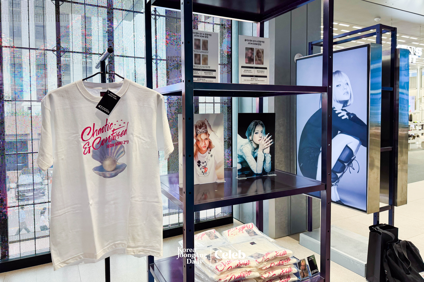 Jeon Somi’s merchandise sold at the “Chaotic & Confused” pop-up at the Factorial Seongsu building in eastern Seoul [DANIELA GONZALEZ PEREZ]