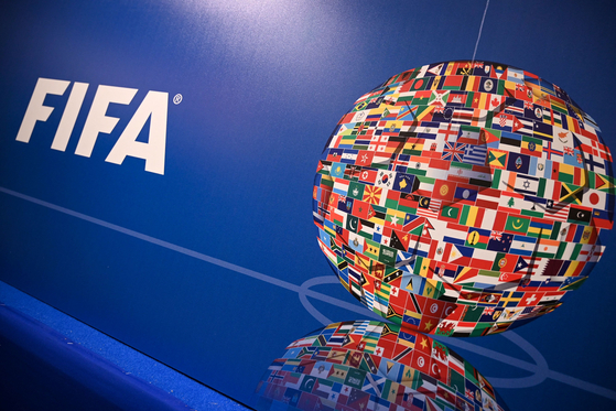 A picture shows the FIFA logo during a press conference held by the president of the football's governing body at the FIFA Executive Football Summit on Feb. 15, 2019, in Istanbul. [AFP/YONHAP] 