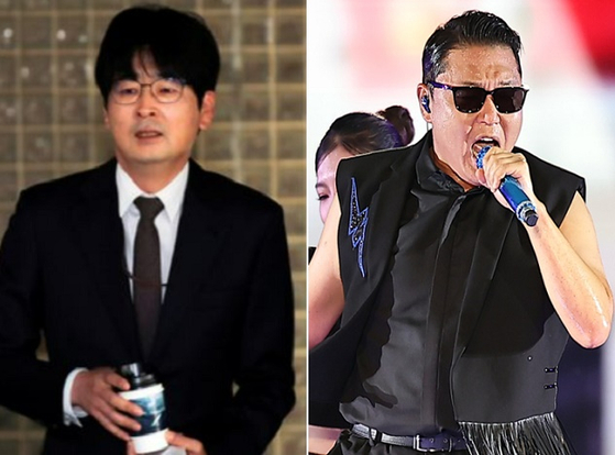 Event organizer Tak Hyun-min, left, and singer Psy [YONHAP, NEWS1]