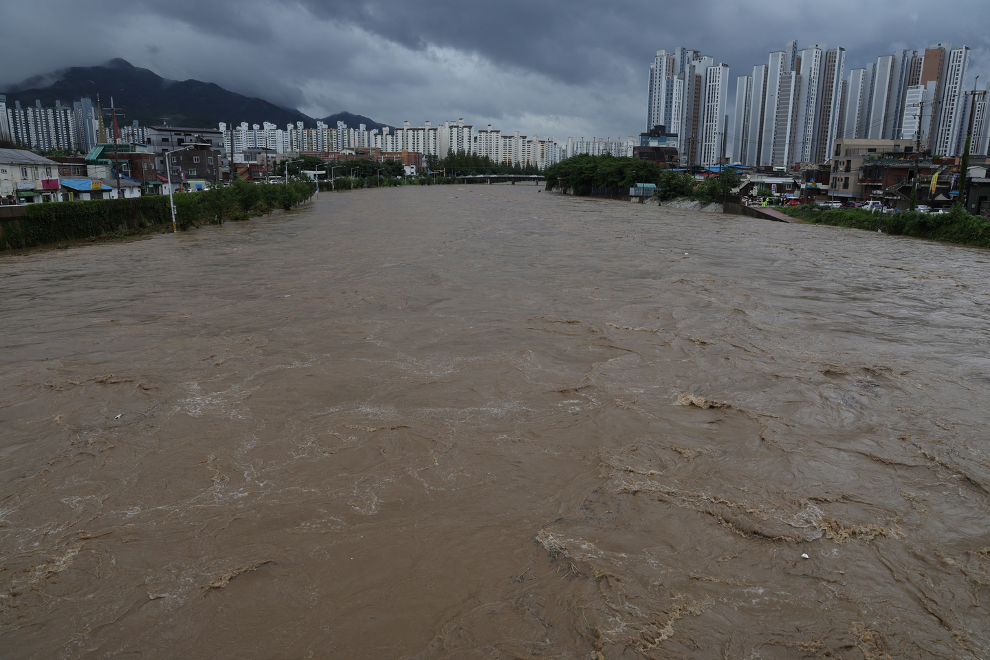 The Jungnang Stream is flooded due to the heavy torrential rains on Aug. 13 in Uijeongbu, Gyeonggi. [YONHAP]