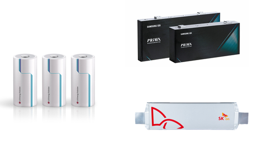 Clockwise from left, LG Energy Solution's 46-series cylindrical batteries, Samsung SDI's prismatic batteries and SK On's pouch-type battery [EACH COMPANY]