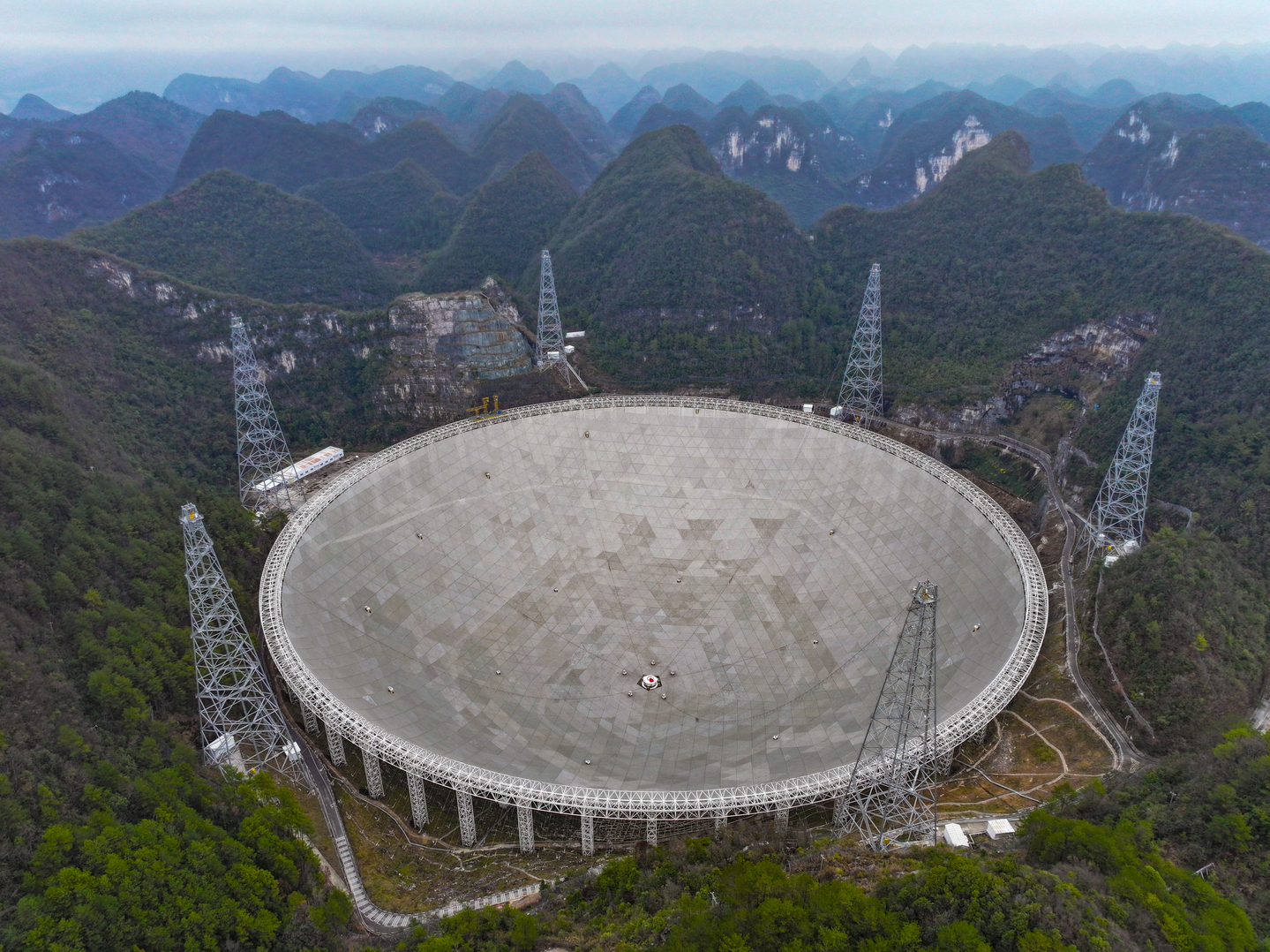 An aerial drone photo taken on Feb. 18, 2025 shows China's Five-hundred-meter Aperture Spherical Radio Telescope (FAST) under maintenance in southwest China's Guizhou Province.  Located in Qiannan Buyi and Miao Autonomous Prefecture, southwest China's Guizhou Province, Pingtang County. [XINHUA/YONHAP]