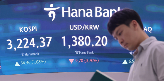 A screen in Hana Bank's trading room in central Seoul shows the Kospi and won opening on Aug. 14 [YONHAP]