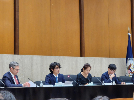 WASHINGTON— Justin (second from left), a North Korean defector, speaks about the dire human rights situation in North Korea during the “Public Session with Survivors of North Korean Human Rights Abuses” held at the U.S. Department of State in Washington, D.C., on Oct. 18, 2024. [YONHAP]