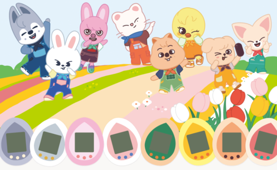 A promotional image of Stray Kids' official merch with SKZOO designs, which are animal characters inspired by each member, launched in collaboration with Bandai's Tamagotchi [JYP ENTERTAINMENT]