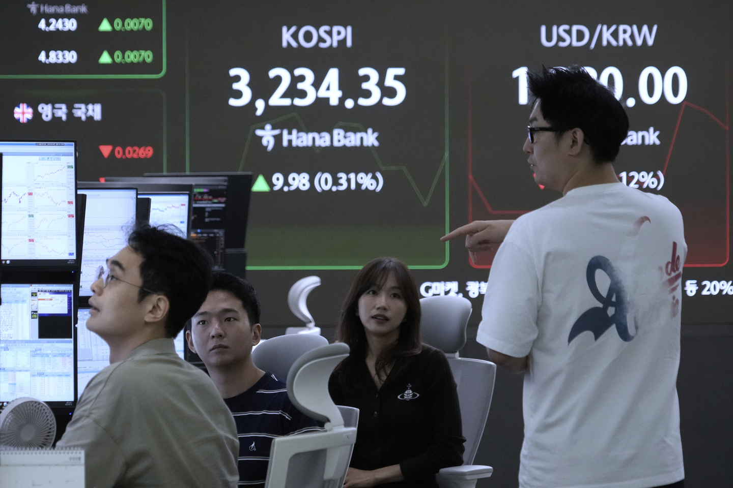 Currency traders work near a screen showing the Korea Composite Stock Price Index (Kospi) and the foreign exchange rate between U.S. dollar and Korean won, right, at the foreign exchange dealing room of the Hana Bank headquarters in Seoul on Aug. 14. [AP/YONHAP]