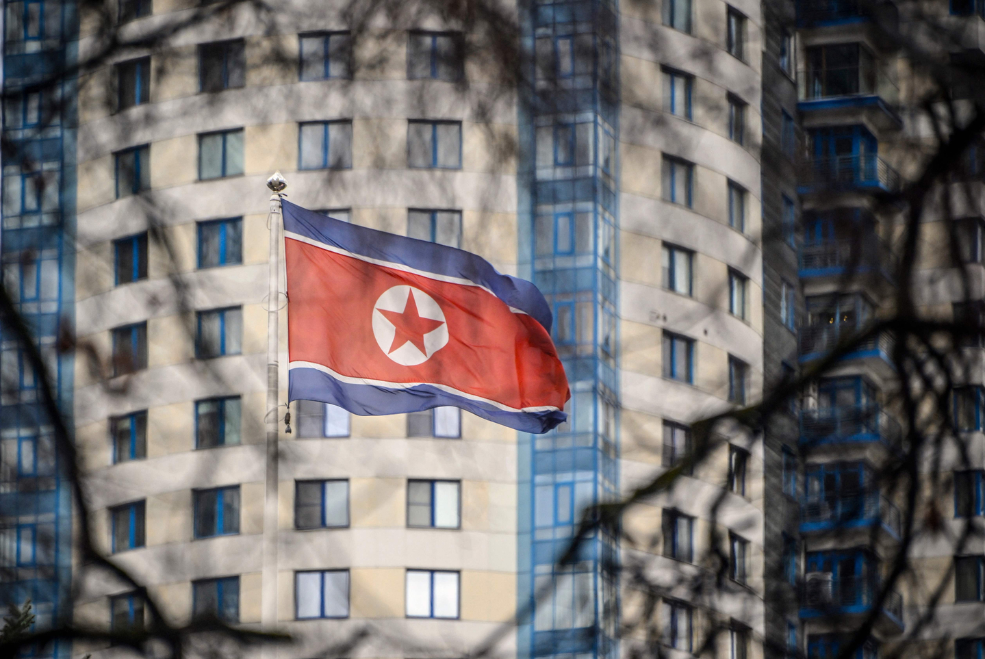 A North Korean flag flies over the nation's embassy in Moscow on Oct. 31, 2024. [AFP/YONHAP]