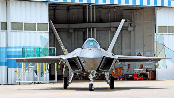 The KF-21 fighter jet outside a Korea Aerospace Industries hangar in 2023 [JOINT PRESS CORPS]
