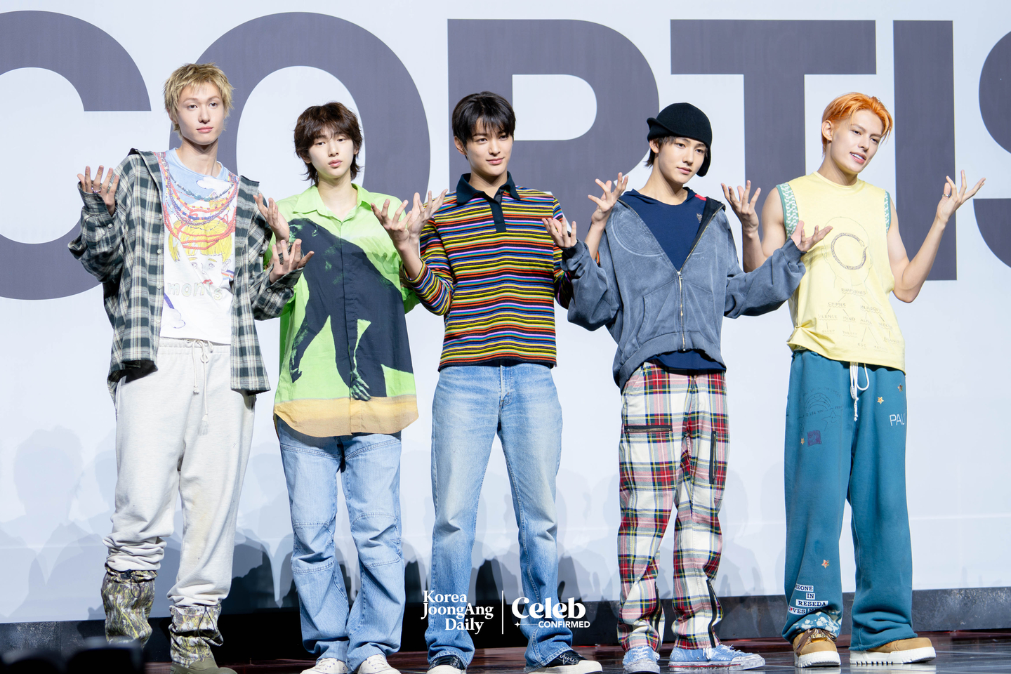 Boy band Cortis poses for photos during a showcase for the release of the band’s first EP, ″Color Outside the Lines,″ at the Blue Square in central Seoul on Aug. 18. [DANIELA GONZALEZ PEREZ]