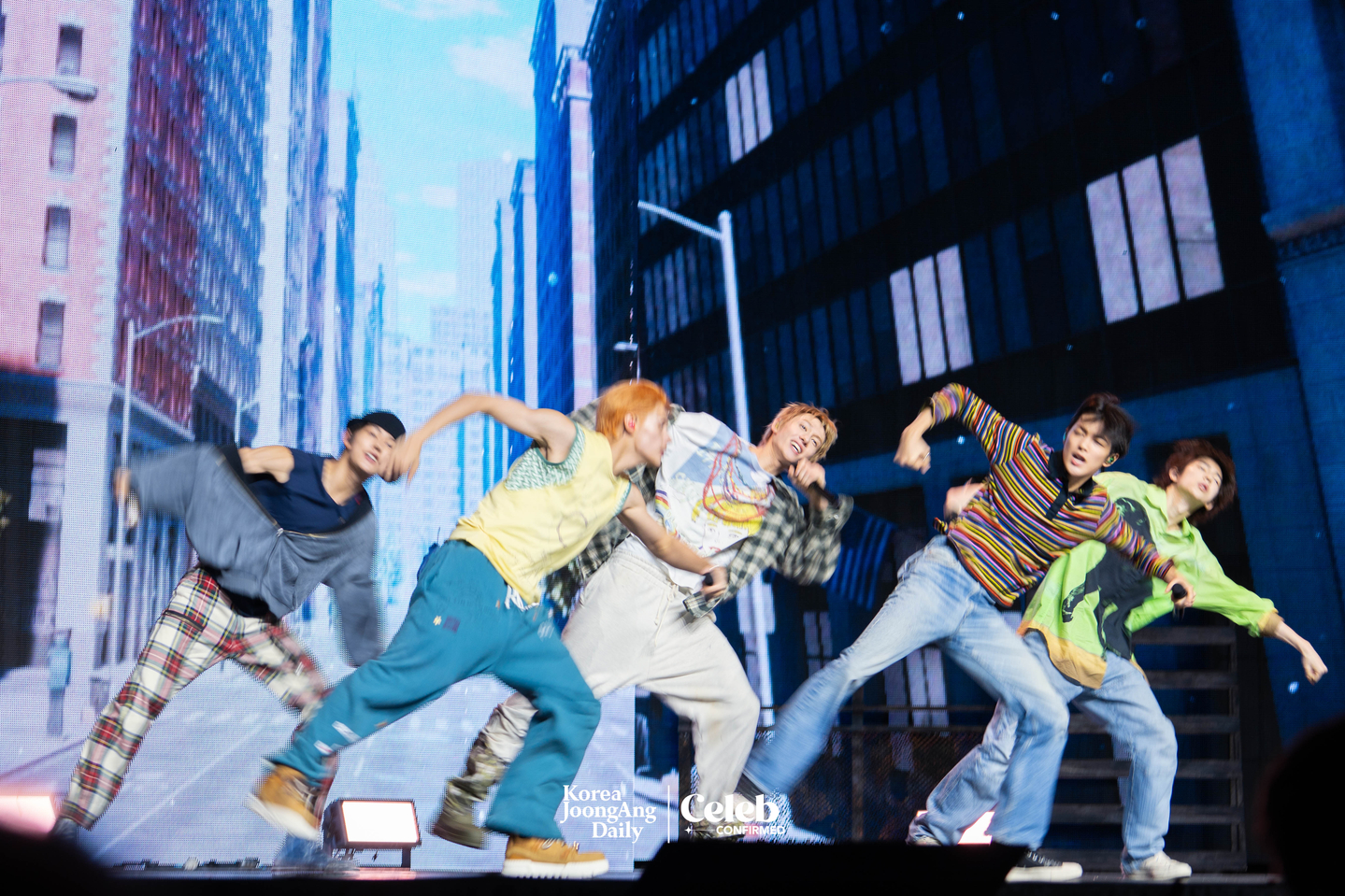 Boy band Cortis performs B-side “GO!” during a showcase for the release of its first EP, ″Color Outside the Lines,″ at the Blue Square in central Seoul on Aug. 18. [DANIELA GONZALEZ PEREZ]