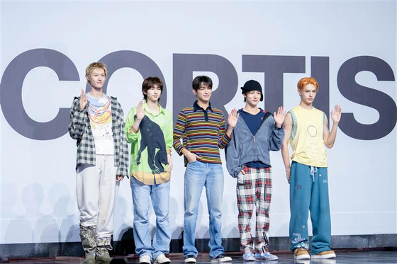 Boy band Cortis poses for photos during its debut showcase at the Blue Square SOL Travel Hall in central Seoul on Aug. 18. [DANIELA GONZALEZ PEREZ]