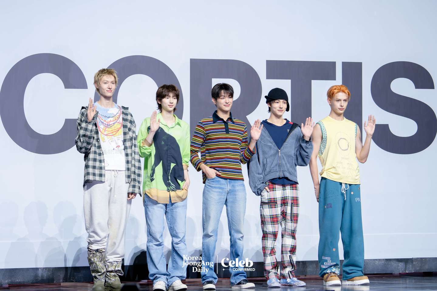 Boy band Cortis poses for photos during a showcase for the release of the band’s first EP, ″Color Outside the Lines,″ at the Blue Square in central Seoul on Aug. 18. [DANIELA GONZALEZ PEREZ]