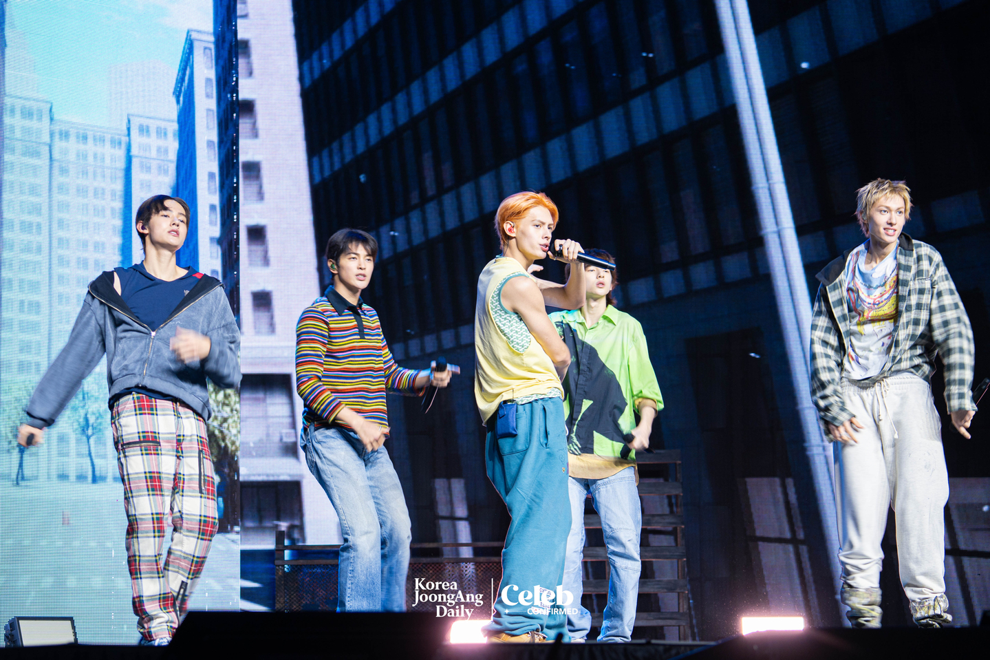 Boy band Cortis performs B-side “GO!” during a showcase for the release of its first EP, ″Color Outside the Lines,″ at the Blue Square in central Seoul on Aug. 18. [DANIELA GONZALEZ PEREZ]