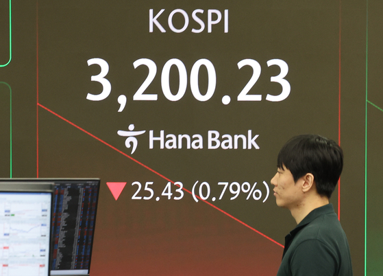 Korean bourse Kospi opens lower on Aug. 18 morning as shown on a digital screen at the trading room of Hana Bank in Jung District, central Seoul. [YONHAP]