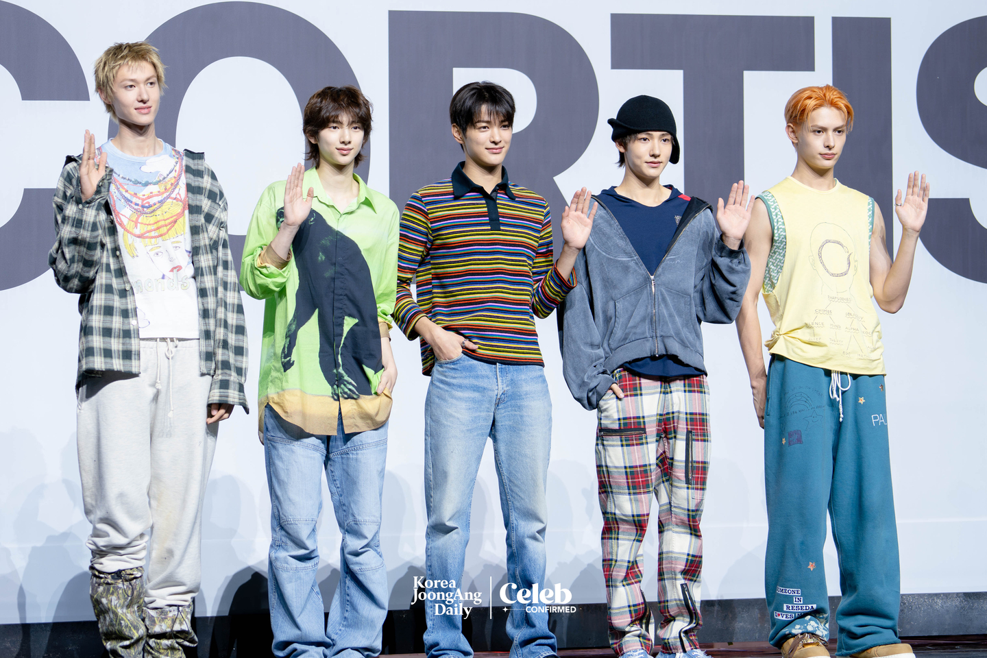 Boy band Cortis poses for photos during a showcase for the release of the band’s first EP, ″Color Outside the Lines,″ at the Blue Square in central Seoul on Aug. 18. [DANIELA GONZALEZ PEREZ]