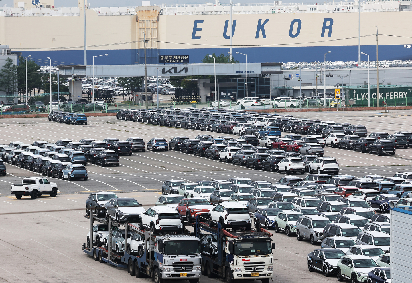 Vehicles ready for export are parked at a port in Pyeontaek, Gyeonggi on Aug. 7. [YONHAP] 