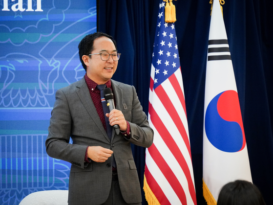 Sen. Andy Kim answers questions from the attendees of the youth town hall hosted in the American Diplomacy House in Yongsan District, central Seoul, on Aug. 20. [U.S. EMBASSY]