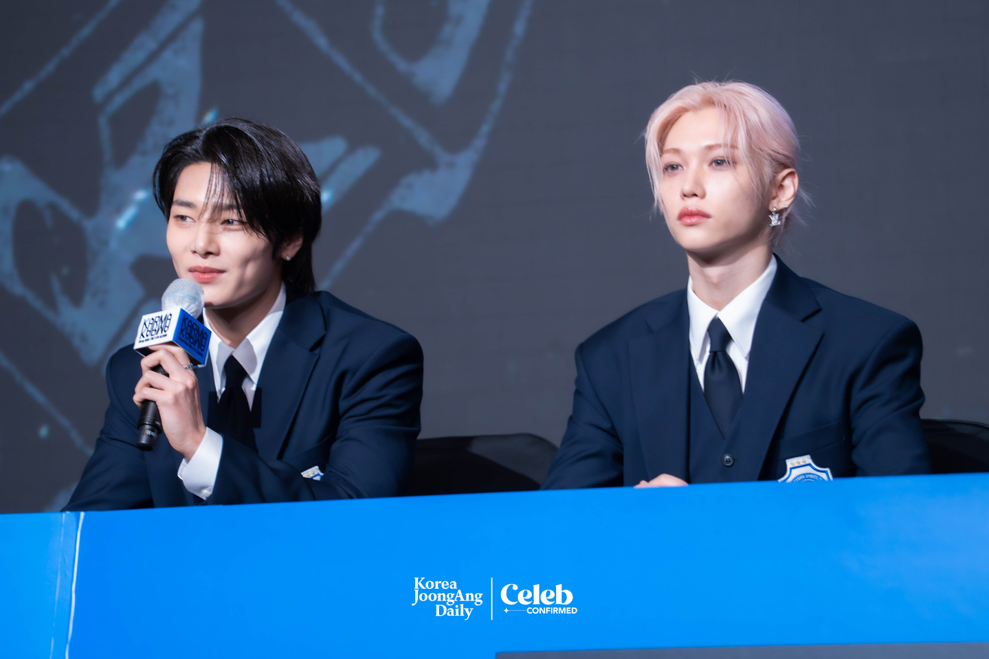 Boy band Stray Kids answers questions during a press conference for the release of its fourth full-length album, “Karma,” at Conrad Seoul in western Seoul on Aug. 22. [DANIELA GONZALEZ PEREZ]