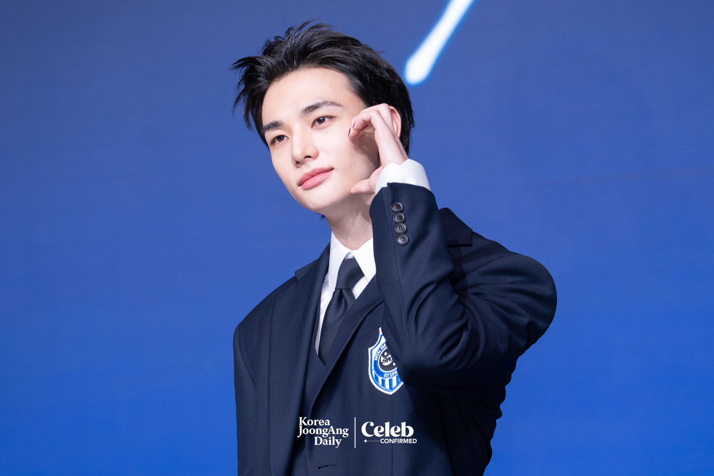 Stray Kids’ Hyunjin poses for photos during a press conference for the release of the band’s fourth full-length album “Karma” at Conrad Seoul in western Seoul on Aug. 22. [DANIELA GONZALEZ PEREZ]