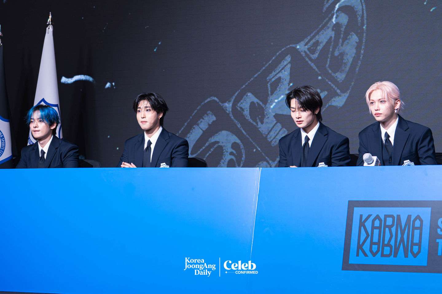 Boy band Stray Kids answers questions during a press conference for the release of its fourth full-length album “Karma” at Conrad Seoul in western Seoul on Aug. 22. [DANIELA GONZALEZ PEREZ]
