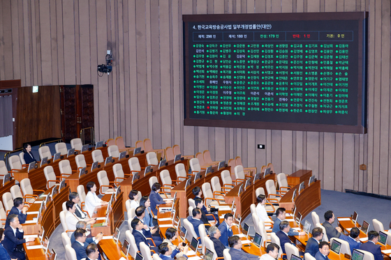 The National Assembly passes an amendment to the Korea Educational Broadcasting System Act during a plenary session on Aug. 22. [NEWS1]