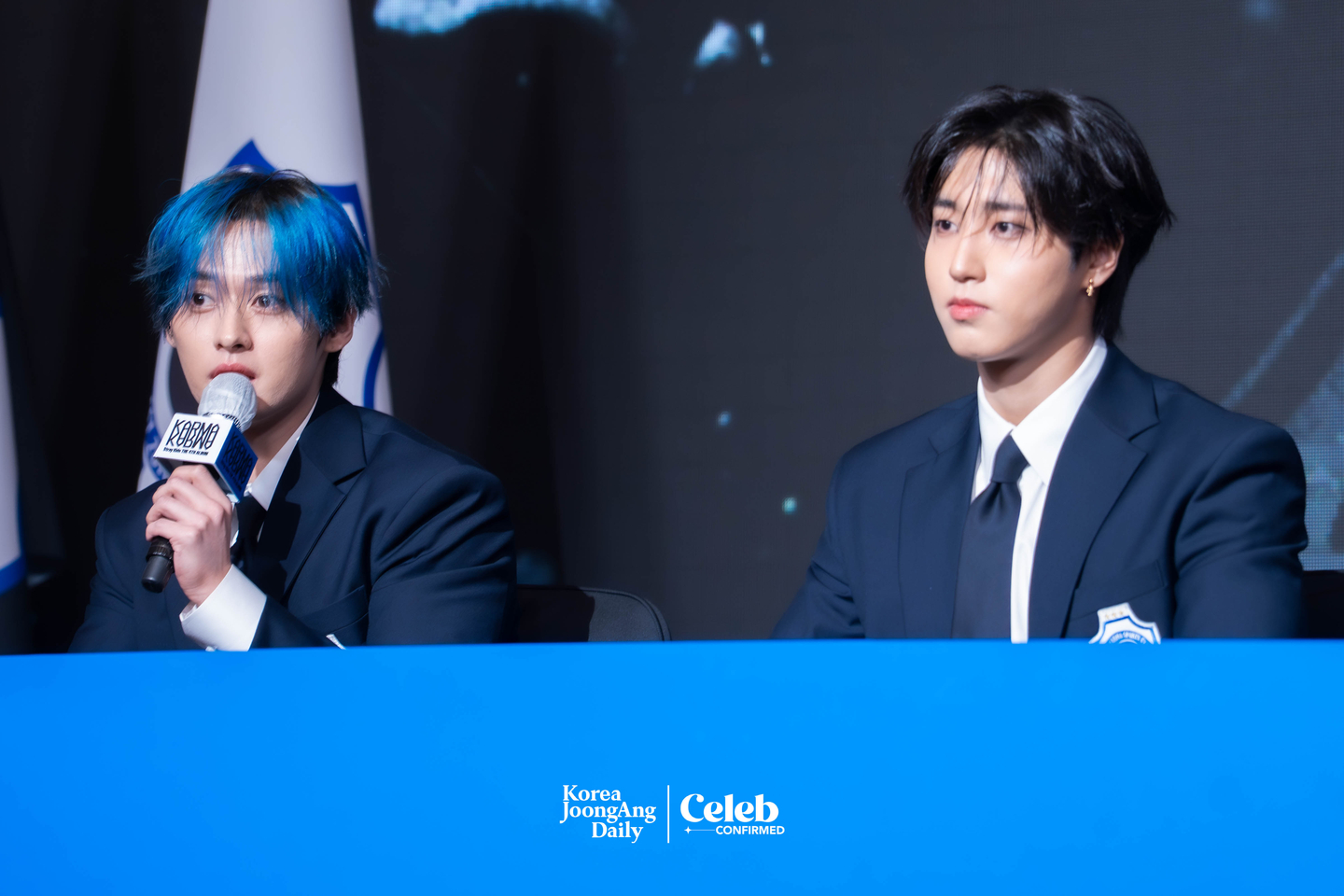 Boy band Stray Kids answers questions during a press conference for the release of its fourth full-length album, “Karma,” at Conrad Seoul in western Seoul on Aug. 22. [DANIELA GONZALEZ PEREZ]