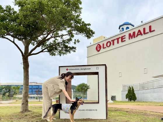 A person pets her dog in front of the Lotte Premium Outlets DongBusan in Busan. [JOONGANG ILBO]