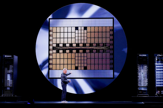 Nvidia's CEO Jensen Huang makes a keynote speech at Computex in Taipei, Taiwan, on May 19. [REUTERS/YONHAP]