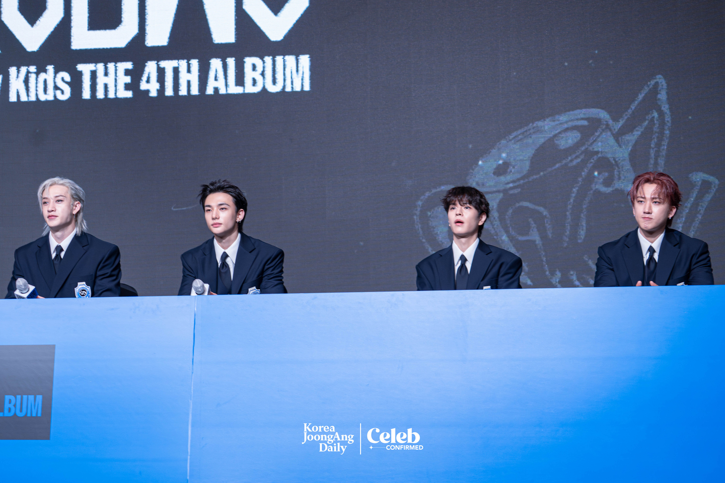 Boy band Stray Kids answers questions during a press conference for the release of its fourth full-length album “Karma” at Conrad Seoul in western Seoul on Aug. 22. [DANIELA GONZALEZ PEREZ]