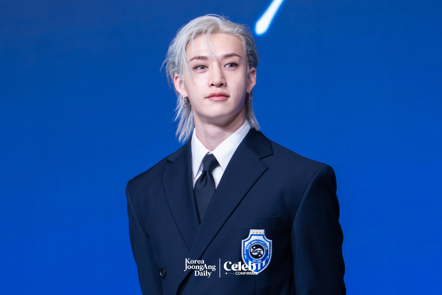 Stray Kids’ Bang Chan poses for photos during a press conference for the release of the band’s fourth full-length album “Karma” at Conrad Seoul in western Seoul on Aug. 22. [DANIELA GONZALEZ PEREZ]