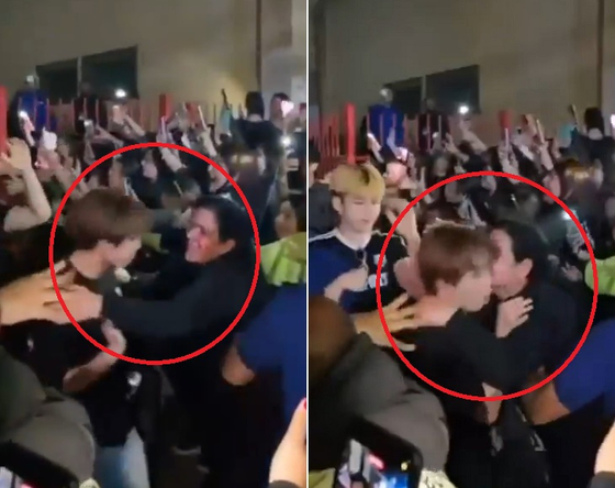 A fan in Sao Paulo appears to attempt to kiss Younite member Eunho on Aug. 17. [SCREEN CAPTURE]