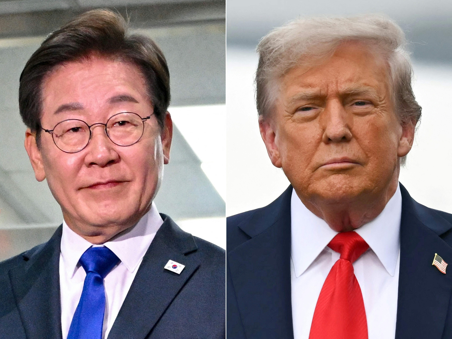 This combination of pictures created on Aug. 19 shows President Lee Jae Myung in Seoul on June 4 and U.S. President Donald Trump in Anchorage, Alaska, on Aug. 15. Trump will host his Korean counterpart on Aug. 25 to hammer out details of their recent trade deal and discuss chips, shipbuilding and other topics. [AFP/YONHAP]