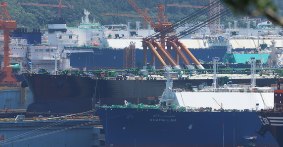 A ship under construction is seen at Hanwha Ocean’s Geoje shipyard in Geoje, South Gyeongsang, on July 31. [YONHAP]
