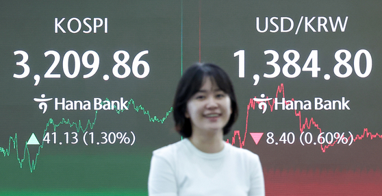 A screen in Hana Bank's trading room in central Seoul shows the Kospi closing at 3,209.86 points on Aug. 25, up 41.13 points, or 1.3 percent, from the previous trading session. [NEWS1] 
