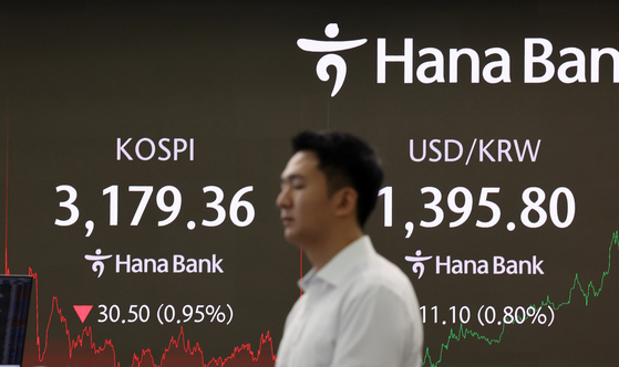 A screen in Hana Bank's trading room in central Seoul shows the Kospi closing at 3,179.36 points on Aug. 26, down 30.50 points, or 0.95 percent, from the previous trading session. [NEWS1]