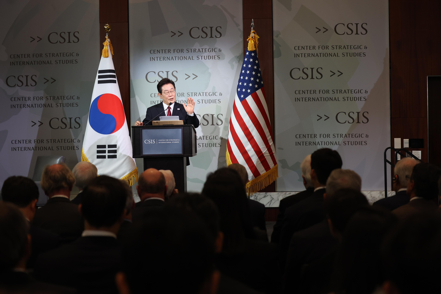 President Lee Jae Myung speaks at the Center for Strategic and International Studies think tank event in Washington on Aug. 25. [JOINT PRESS CORPS]