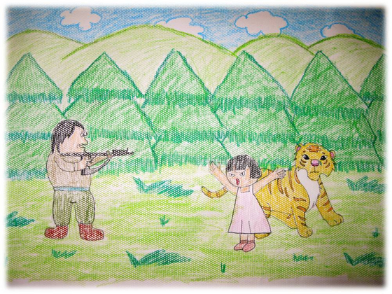 A drawing done by a student from a wildlife preservation zone in China, depicting a young girl protecting a tiger from poachers [DASAN BOOKS]