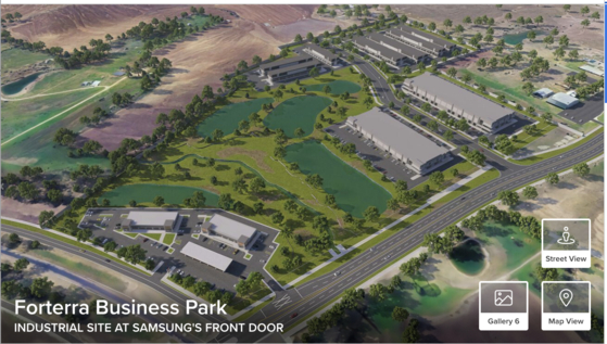 A screen capture from U.S. real estate platform Crexi describing Forterra Business Park as “an industrial site at Samsung’s front door.” [SCREEN CAPTURE]