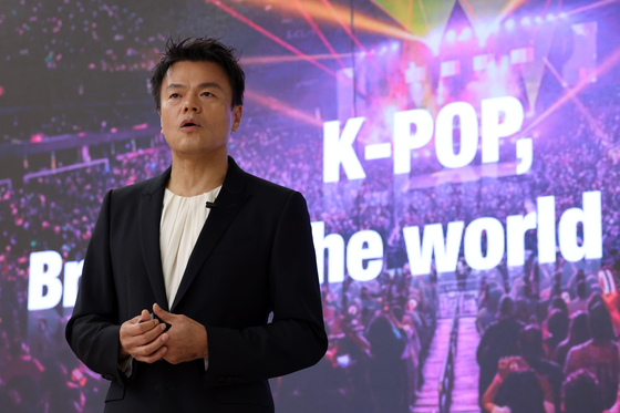 Park Jin-young, COO of JYP Entertainment, gives out presentation on K-pop on Aug. 26. [MINISTRY OF CULTURE, SPORTS AND TOURISM]