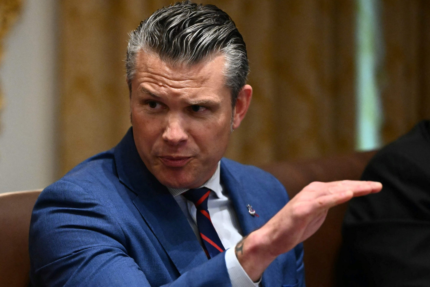 U.S. Defense Secretary Pete Hegseth speaks during a Cabinet meeting in the Cabinet Room of the White House in Washington on Aug. 26. [AFP/YONHAP]