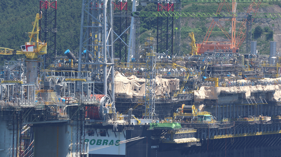 A ship under construction is seen at Hanwha Ocean's Geoje plant in Geoje, South Gyeongsang, on July 31, the day the Korea-U.S. trade negotiations concluded. [YONHAP]