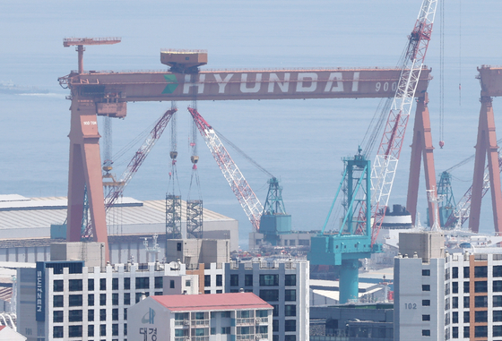 A ship under construction is seen at HD Hyundai Heavy Industries' shipyard in Dong District, Ulsan, on July 31. [YONHAP] 