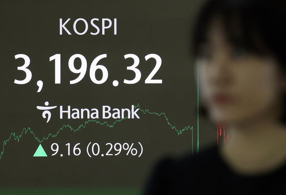A screen in Hana Bank's trading room in central Seoul shows the Kospi closing at 3,196.32 points on Aug. 28, up 9.16 points, or 0.29 percent, from the previous trading session. [NEWS1]