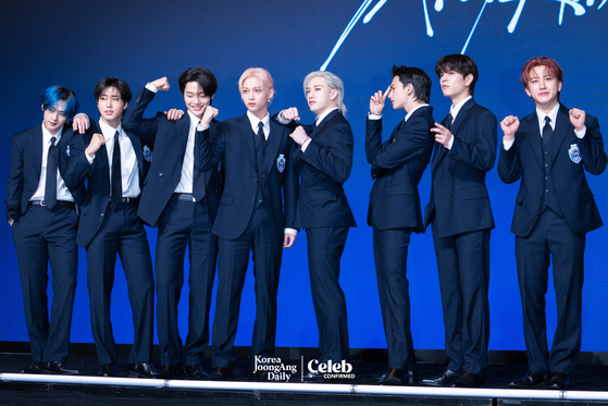 Boy band Stray Kids poses for photos during a press conference for the release of its fourth full-length album “Karma” at the Conrad Hotel in western Seoul on Aug. 22. [DANIELA GONZALEZ PEREZ]