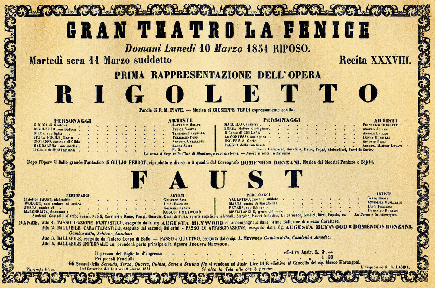A poster for the world premiere of Verdi's opera "Rigoletto" on March 11, 1851. [WEKIPEDIA]