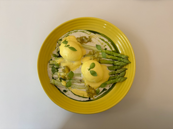 Steamed asparagus and soft-boiled eggs with sabayon and bechamel sauce at Danish eatery Mitbord [LEE JIAN]