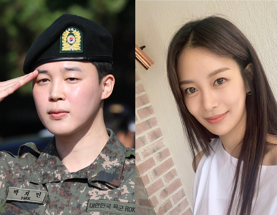 Jimin of boy band BTS on the day that he was discharged from his military duty on June 11, left, and actor Song Da-eun [NEWS1, SCREEN CAPTURE]