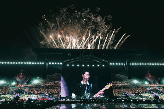 Fireworks lit up during DAY6's 10th anniversary tour ″The Decade″ at the Goyang Stadium in Goyang, Gyeonggi on Sunday. [JYP ENTERTAINMENT]