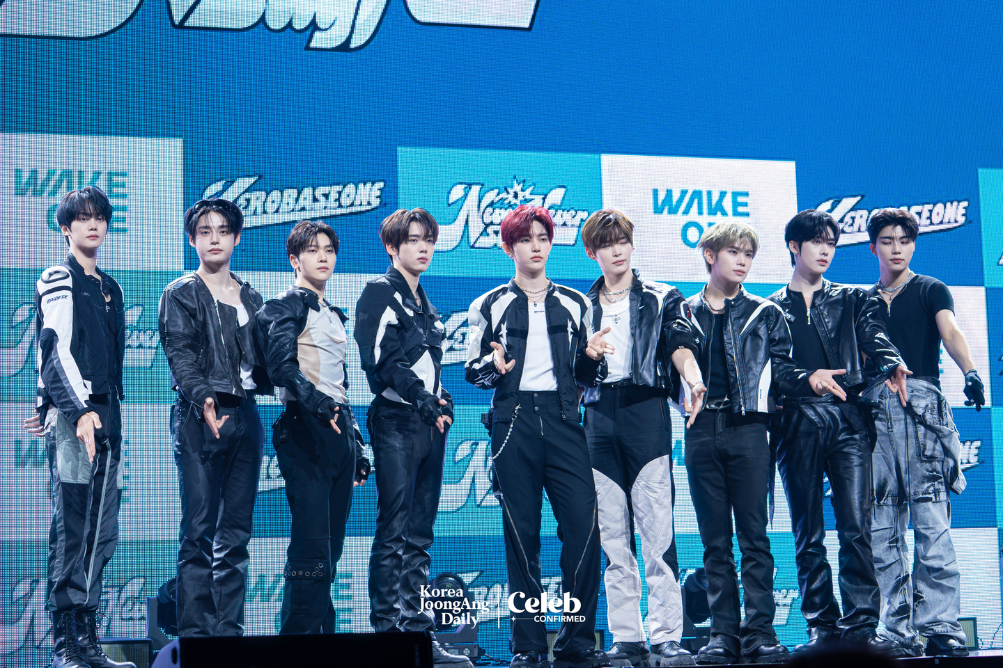 Boy band ZeroBaseOne poses for photos during a showcase for the release of its first full-length album, “Never Say Never,” at the Blue Square in central Seoul on Sept 1. [DANIELA GONZALEZ PEREZ]